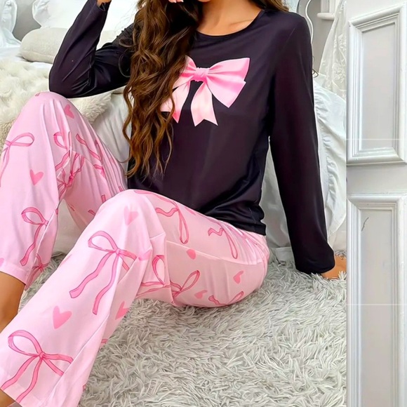 Coquette Pink & Black Bowknot‎ Print Comfy Pajamas Pj’s Long Sleeve Lounge Set - Picture 4 of 8